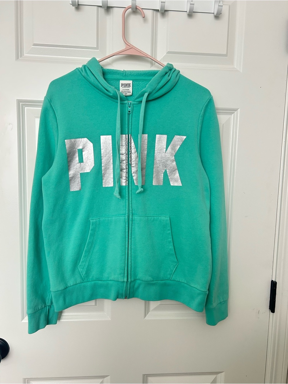 PINK Victoria's Secret Aqua Zip-Up Hoodie with Silver Logo